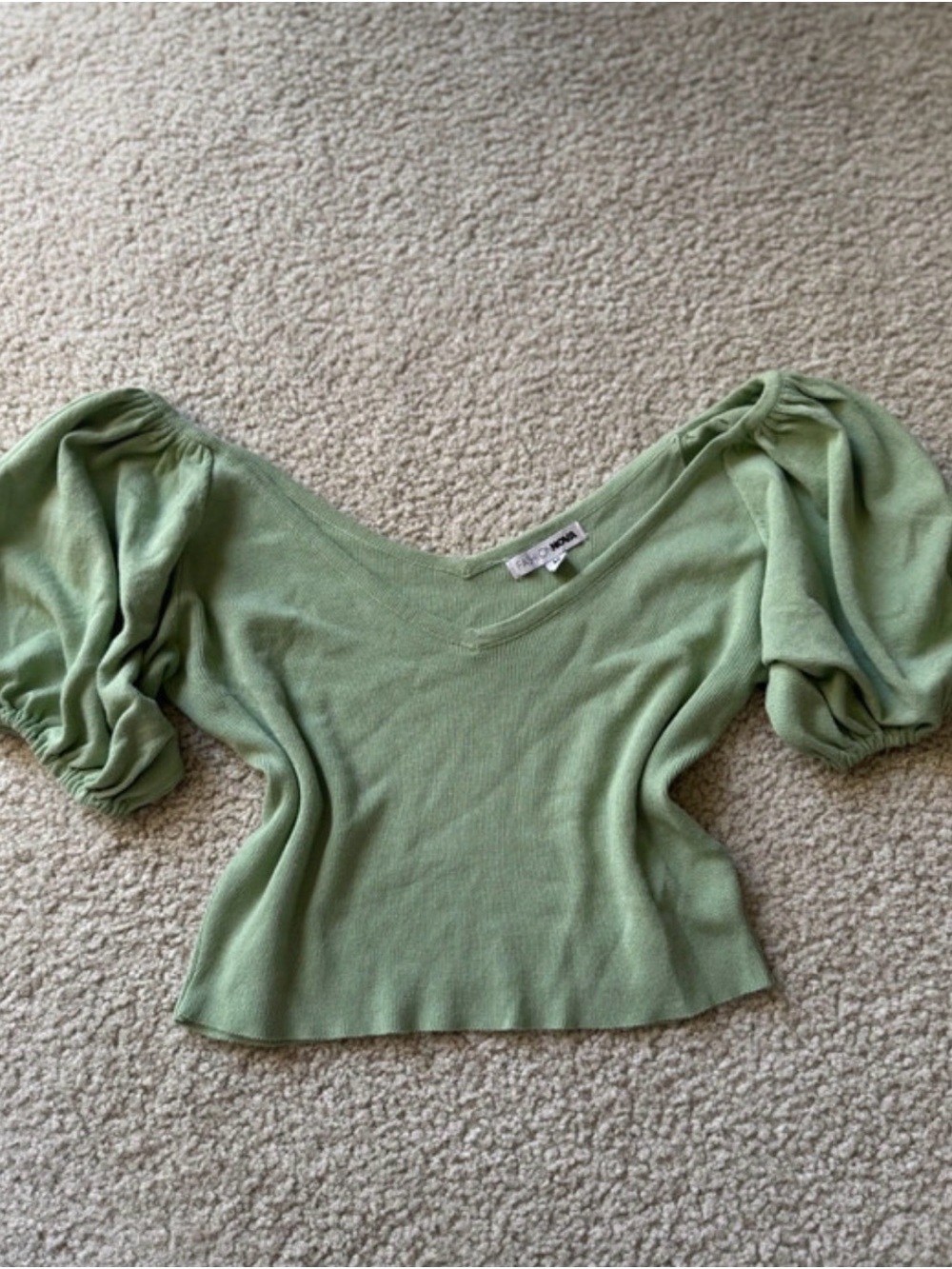 Fashion Nova Sage Green Puff Sleeve V-Neck Crop Top sexy